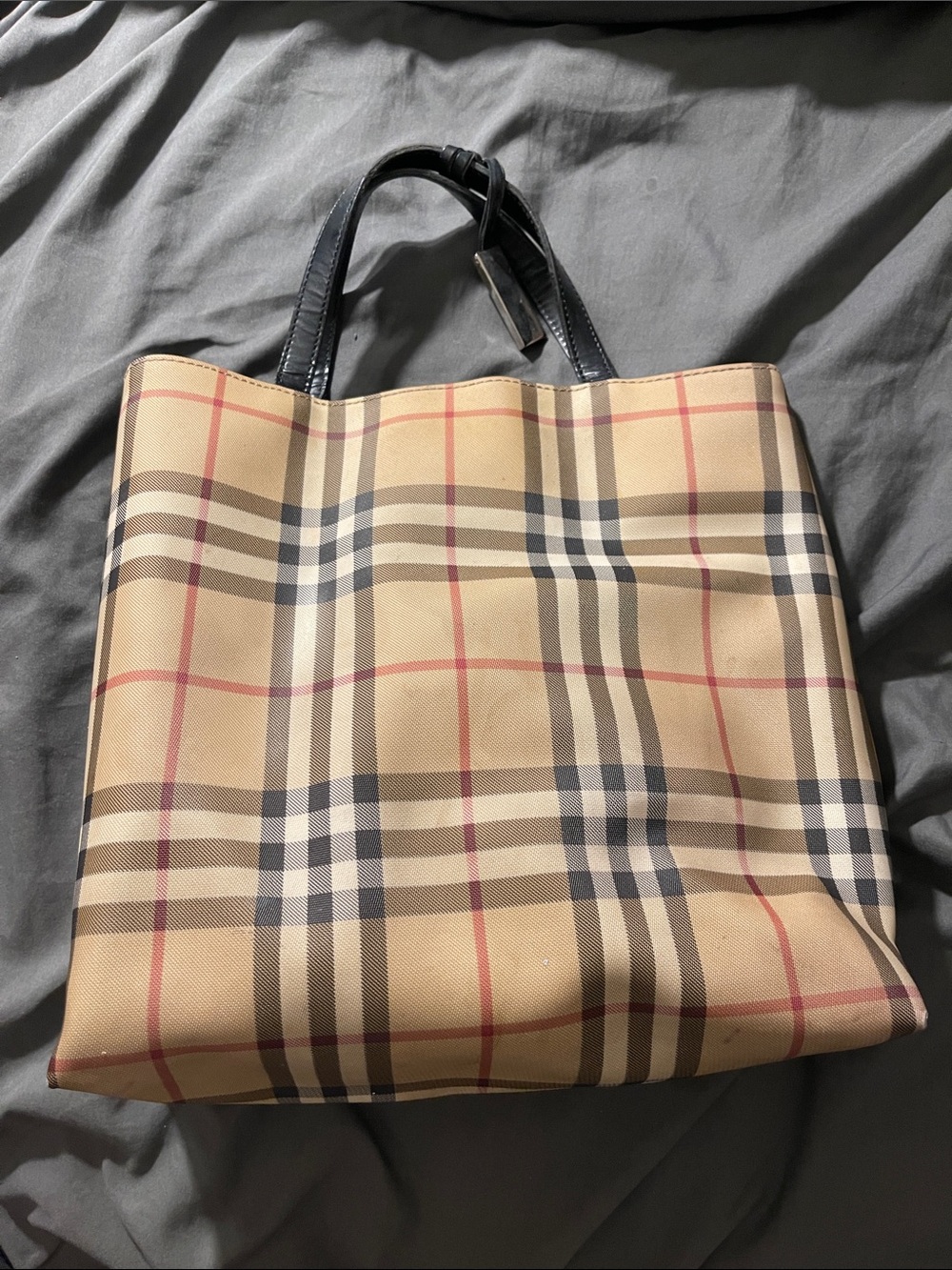 Burberry Beige Plaid Tote with Black Handles